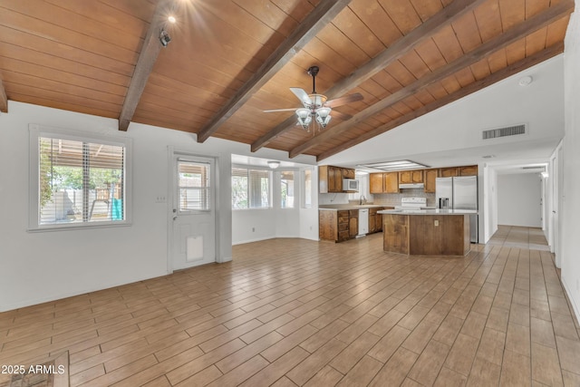 3046 E Dover St, Mesa, AZ 85213 - kitchen with open floor plan, stainless steel fridge with ice dispenser, wood ceiling, brown cabinetry, and light countertops