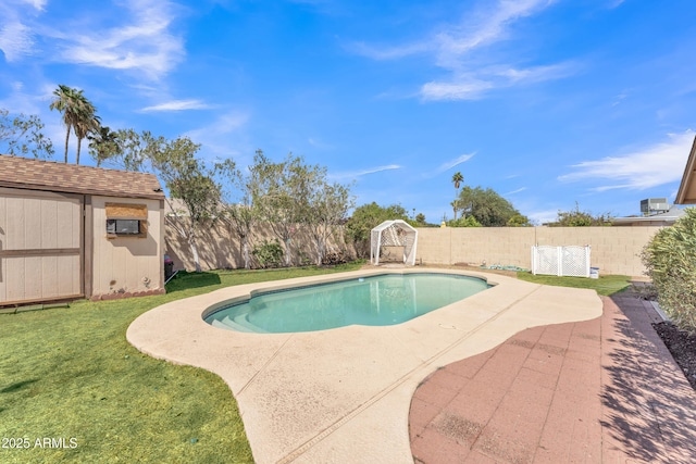 3046 E Dover St, Mesa, AZ 85213 - view of swimming pool with a storage shed, a fenced backyard, and a patio area