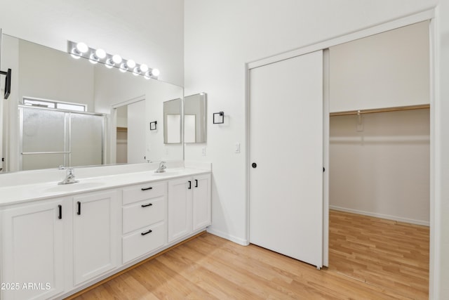 10341 E Dragoon Ave, Mesa, AZ 85208 - full bathroom with wood finished floors, double vanity, a spacious closet, and a shower with door