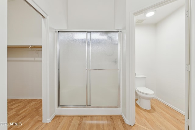 10341 E Dragoon Ave, Mesa, AZ 85208 - bathroom featuring a shower stall, wood finished floors, and a walk in closet
