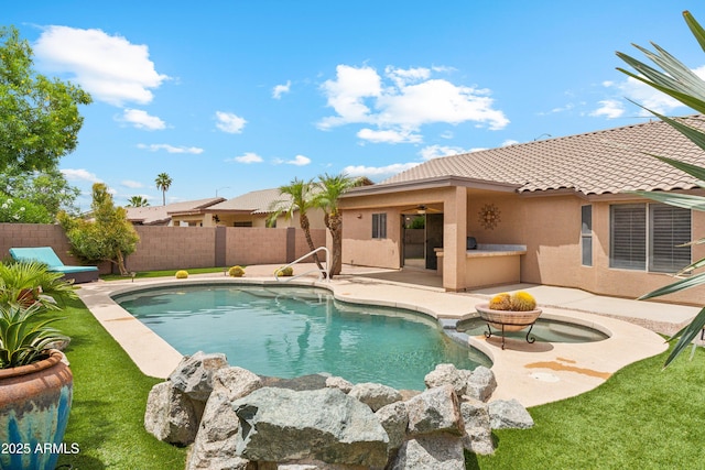 10341 E Dragoon Ave, Mesa, AZ 85208 - view of pool featuring a patio area, a fire pit, and a ceiling fan