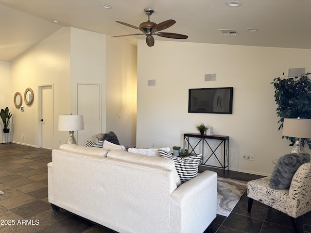 10341 E Dragoon Ave, Mesa, AZ 85208 - living room featuring lofted ceiling, ceiling fan, and recessed lighting