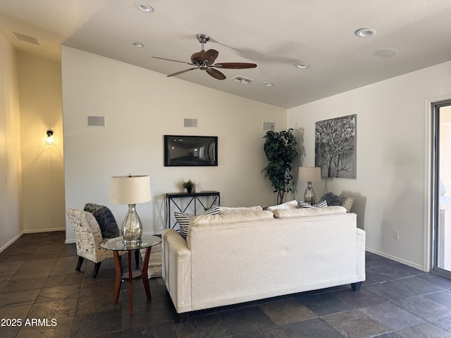 10341 E Dragoon Ave, Mesa, AZ 85208 - living room with a ceiling fan, lofted ceiling, stone tile floors, and recessed lighting