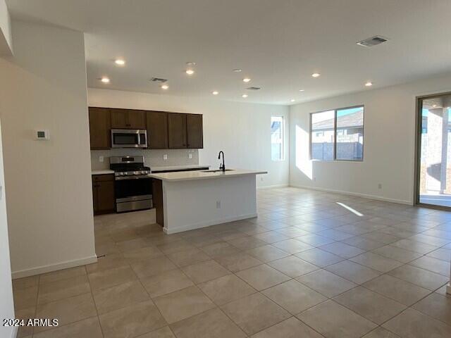 kitchen featuring sink, appliances with stainless steel finishes, a wealth of natural light, and a kitchen island with sink