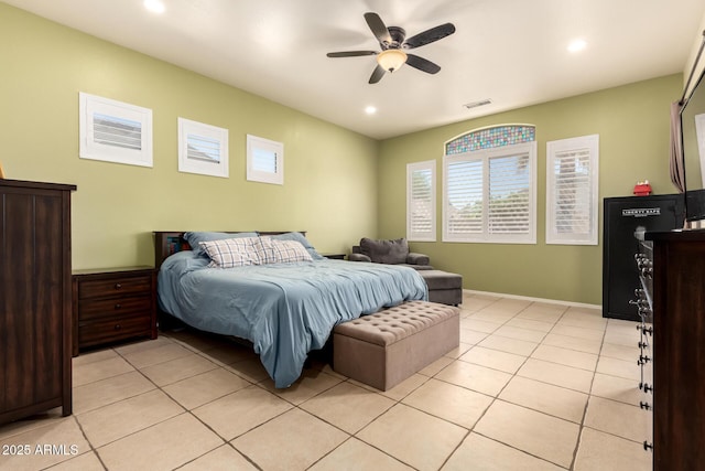 bedroom with visible vents, recessed lighting, ceiling fan, and light tile patterned floors