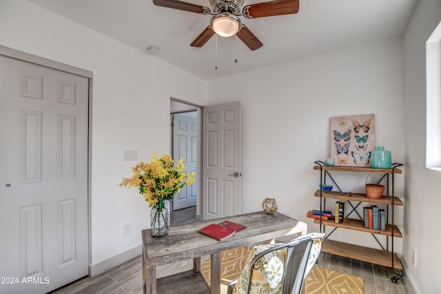 office space featuring light hardwood / wood-style floors and ceiling fan