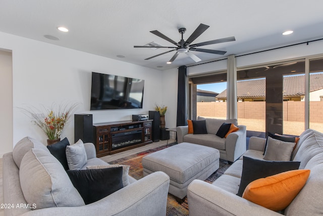 living room with ceiling fan