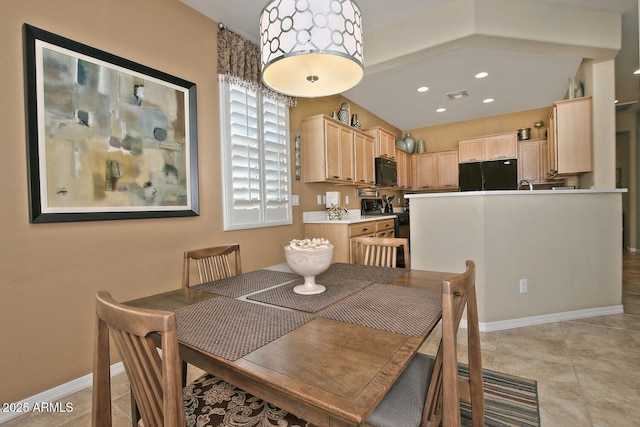 dining area featuring light tile patterned floors, baseboards, visible vents, and recessed lighting