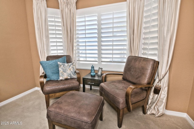 sitting room featuring carpet and baseboards