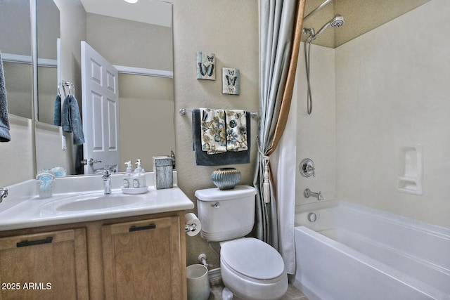 full bath with shower / bath combo, vanity, and toilet