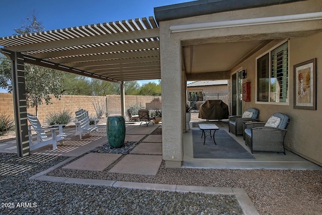 view of patio / terrace featuring a fenced backyard, an outdoor living space, and a pergola