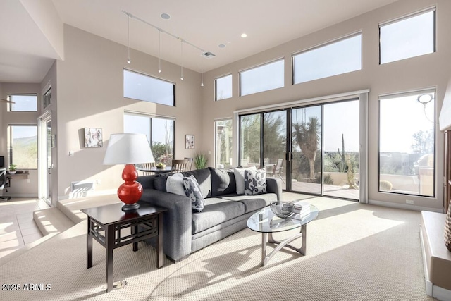 carpeted living room with a high ceiling