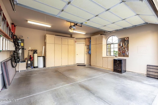 garage featuring a garage door opener and water heater