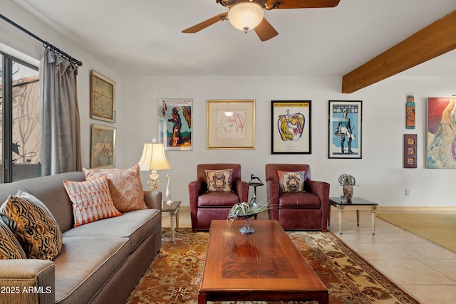 16233 E Rosetta Dr Unit 47, Fountain Hills, AZ 85268 - tiled living room featuring a ceiling fan, baseboards, and beam ceiling