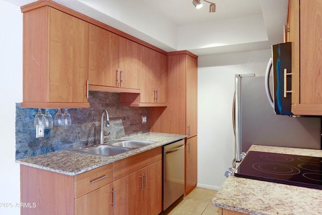 7350 N Via Paseo Del Sur Unit N207, Scottsdale, AZ 85258 - kitchen featuring stainless steel dishwasher, a sink, decorative backsplash, light tile patterned floors, and stove