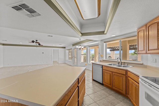 kitchen with hanging light fixtures, sink, dishwasher, ceiling fan with notable chandelier, and crown molding