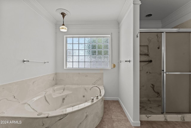 bathroom with ornamental molding, shower with separate bathtub, and tile patterned floors