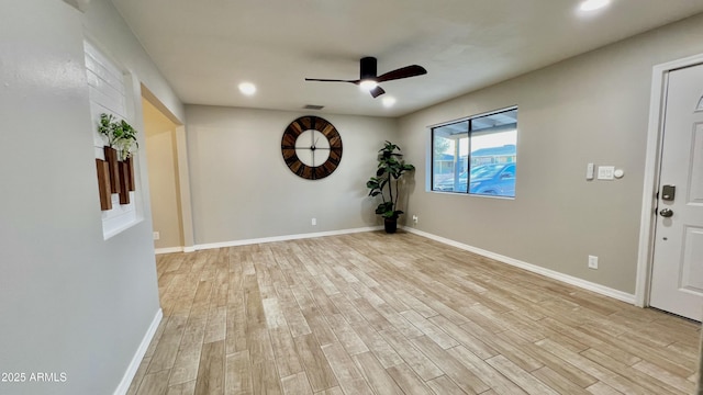 unfurnished room with light wood finished floors, recessed lighting, visible vents, ceiling fan, and baseboards