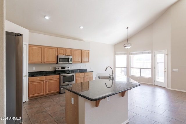 16847 S 13th Way, Phoenix, AZ 85048 - kitchen with appliances with stainless steel finishes, a sink, a kitchen island with sink, a breakfast bar area, and tile patterned floors