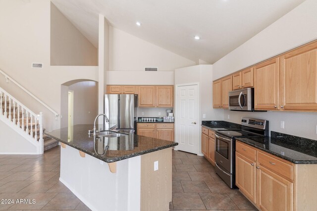 16847 S 13th Way, Phoenix, AZ 85048 - kitchen featuring stainless steel appliances, a sink, arched walkways, an island with sink, and dark stone countertops