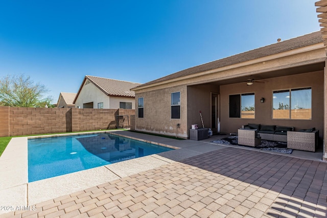 26264 N 74th Ln, Peoria, AZ 85383 - view of swimming pool featuring an outdoor living space, ceiling fan, a patio, and a fenced backyard