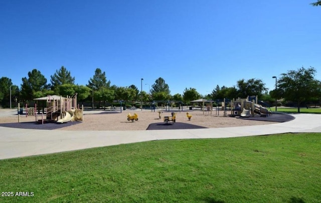 view of jungle gym with a lawn