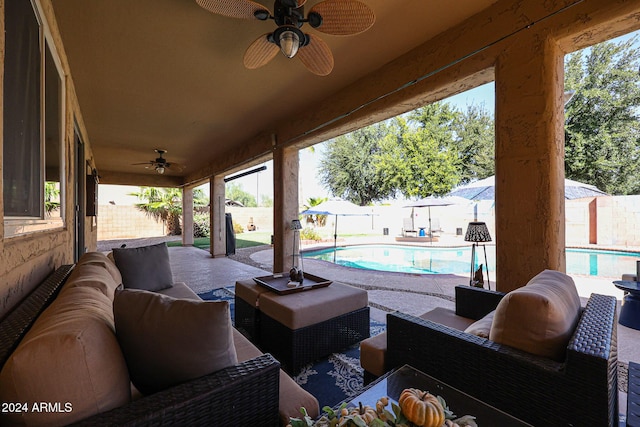 14586 W Columbus Ave, Goodyear, AZ 85395 - view of patio / terrace featuring outdoor lounge area, a ceiling fan, and a fenced backyard