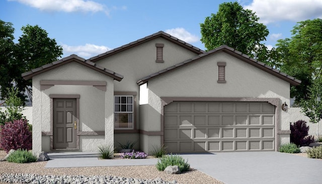 view of front facade with a garage, driveway, and stucco siding