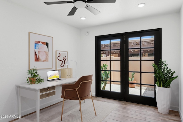 5756 N 78th Pl, Scottsdale, AZ 85250 - home office with wood finished floors, baseboards, ceiling fan, recessed lighting, and built in study area
