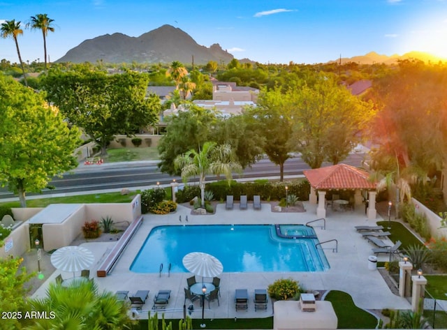 5756 N 78th Pl, Scottsdale, AZ 85250 - view of swimming pool with a gazebo, a mountain view, fence, and a patio