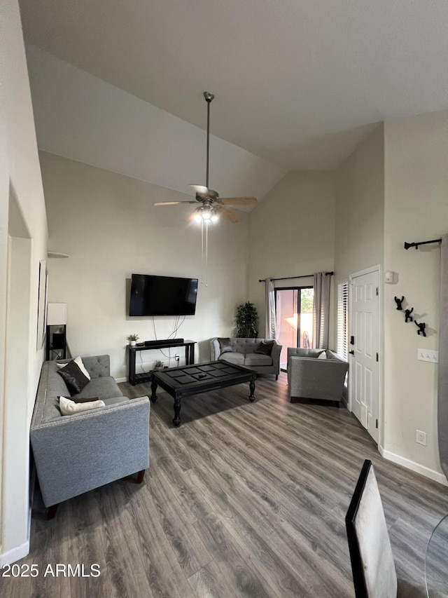 4040 N Weimer Pl Unit 4, Tucson, AZ 85719 - living room featuring a ceiling fan, baseboards, high vaulted ceiling, and wood finished floors