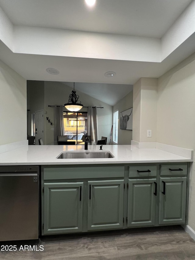4040 N Weimer Pl Unit 4, Tucson, AZ 85719 - interior space with pendant lighting, recessed lighting, stainless steel dishwasher, a sink, and wood finished floors
