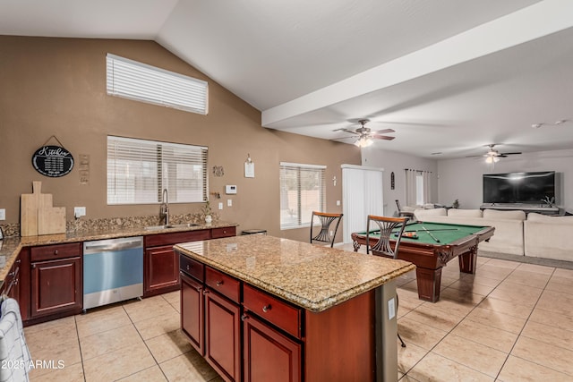 12376 W Hazelwood St, Avondale, AZ 85392 - kitchen featuring a sink, vaulted ceiling, stainless steel dishwasher, light tile patterned flooring, and pool table
