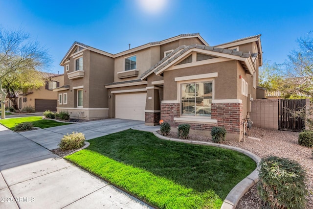 view of front of home featuring concrete driveway, brick siding, fence, and stucco siding