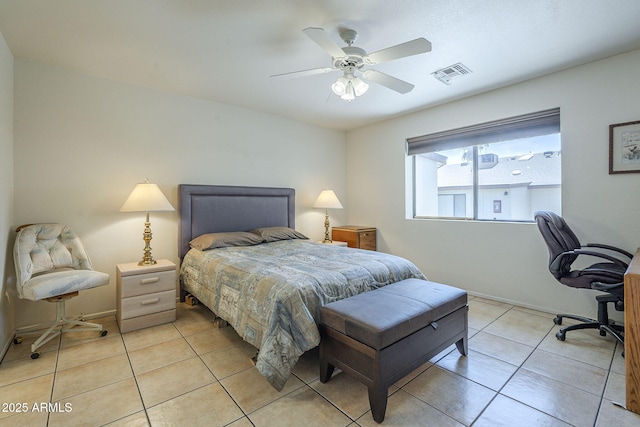 bedroom with light tile patterned floors and a ceiling fan