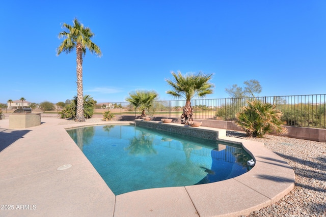 view of pool featuring exterior kitchen and a patio area