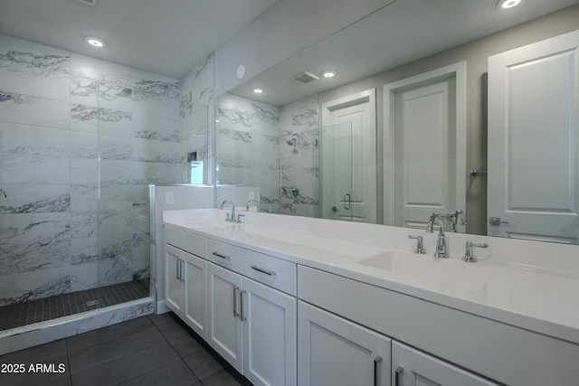 2121 W Sonoran Desert Dr Unit 43, Phoenix, AZ 85085 - full bathroom with a marble finish shower, double vanity, tile patterned floors, and recessed lighting