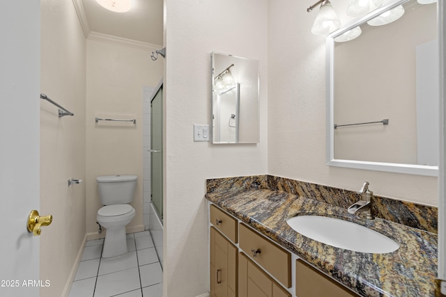 full bathroom with crown molding, bath / shower combo with glass door, vanity, tile patterned floors, and toilet