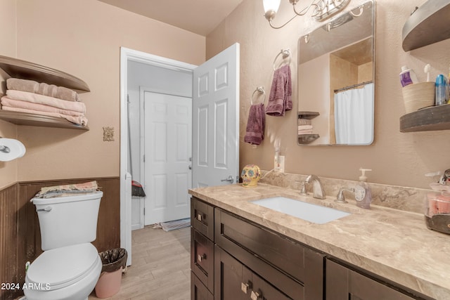 bathroom with vanity, wood-type flooring, and toilet