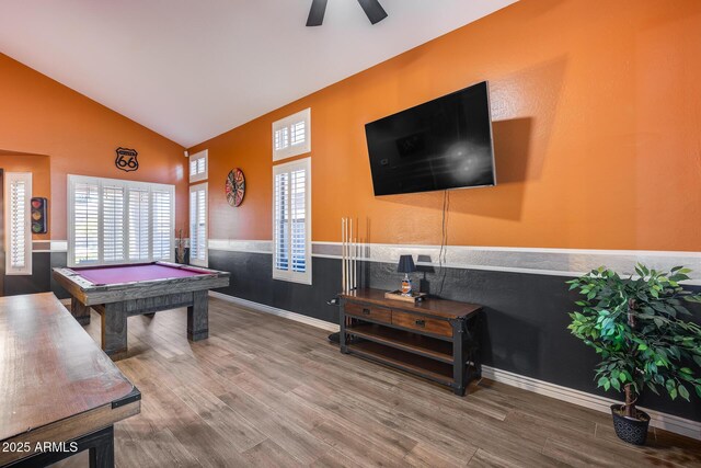 playroom featuring ceiling fan, wood finished floors, lofted ceiling, billiards, and wainscoting