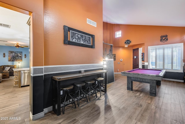 rec room with pool table, visible vents, light wood-type flooring, and plenty of natural light