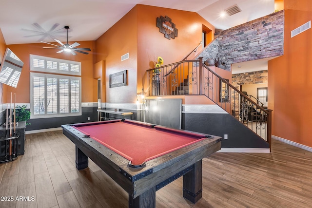 playroom with visible vents, wood finished floors, and ceiling fan