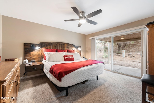 carpeted bedroom featuring ceiling fan and access to exterior