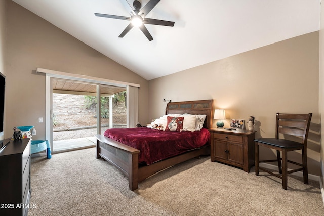 carpeted bedroom featuring access to outside, ceiling fan, and lofted ceiling