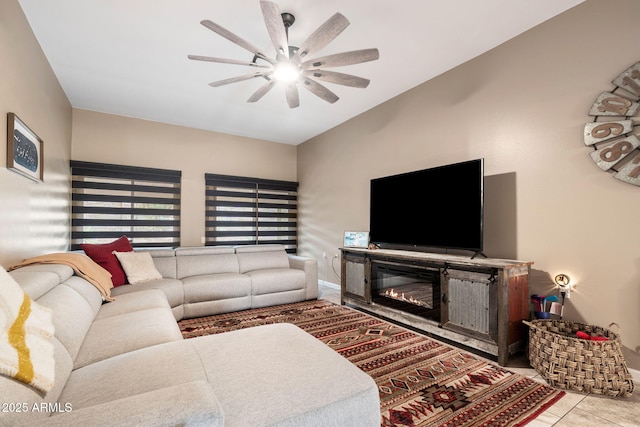 living room featuring ceiling fan