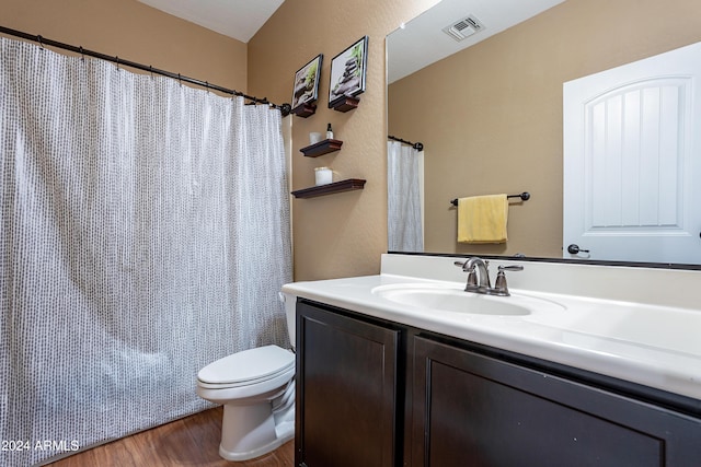 bathroom with vanity, toilet, and wood-type flooring