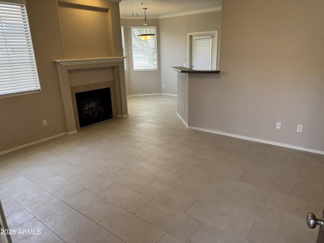 1941 S Pierpont Dr Unit 1043, Mesa, AZ 85206 - unfurnished living room featuring ornamental molding, a fireplace, and tile patterned floors