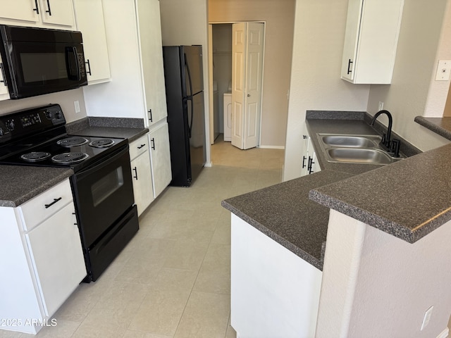1941 S Pierpont Dr Unit 1043, Mesa, AZ 85206 - kitchen featuring black appliances, dark countertops, white cabinetry, a peninsula, and washer / dryer