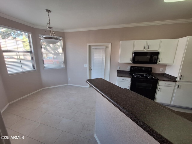 1941 S Pierpont Dr Unit 1043, Mesa, AZ 85206 - kitchen featuring black appliances, dark countertops, crown molding, white cabinets, and light tile patterned floors