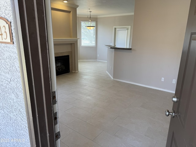 1941 S Pierpont Dr Unit 1043, Mesa, AZ 85206 - unfurnished living room featuring ornamental molding, a fireplace, and light tile patterned flooring